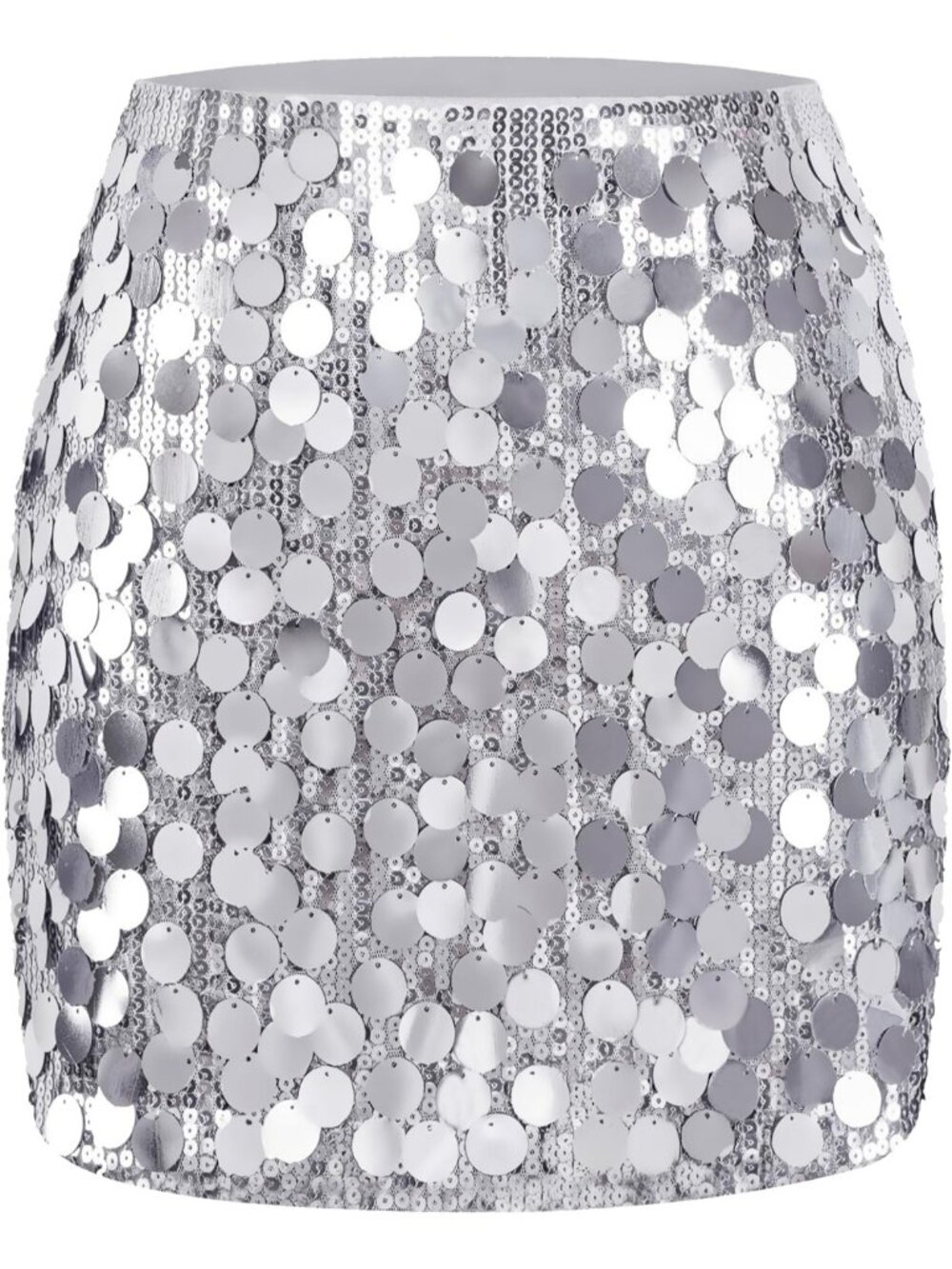 Women's Large Sequin Sparkle High Waist Bodycon Stretchy Silver Mini Skirt